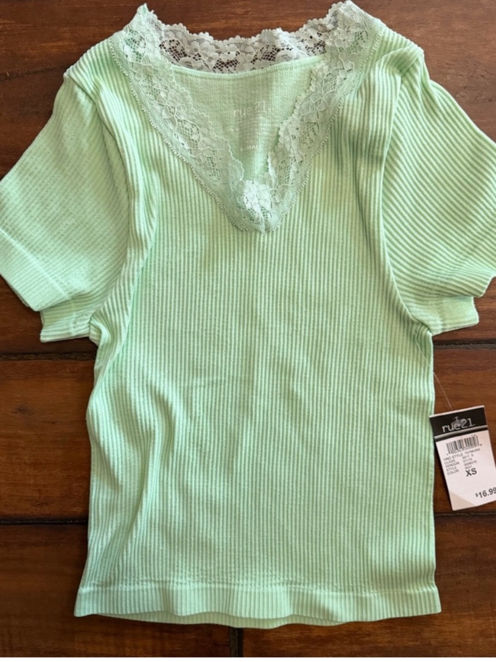 Rue21 NWT Light Mint Ribbed Short Sleeve Top with Lace V-Neck